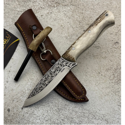 El Yapımı N690 Böhler Gravür İşlemeli Geyik Boynuzu Kabzeli, Magnezyum Çubuklu Bushcraft Kamp Bıçağı - Çakıroğlu