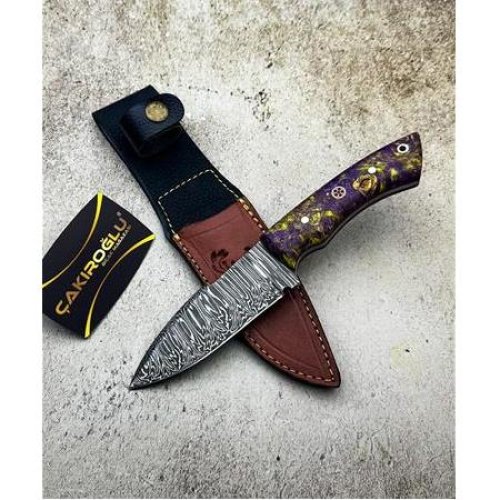 El Yapımı Özel Üretim Damascus Çelik Stabilize Kabzeli Avcı Av Kamp Bıçağı Kod:ckr573-02 - Çakıroğlu