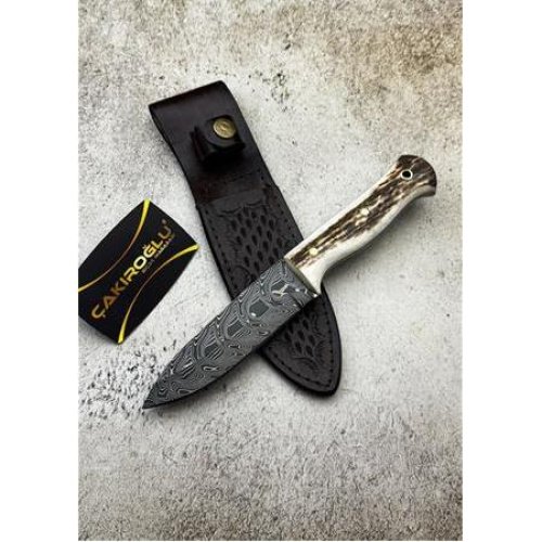 El Yapımı Özel Üretim Damascus Çelik Geyik Boynuzu Kabzeli Bushcraft Av Kamp Bıçağı Kod:ckr503-03 - Çakıroğlu