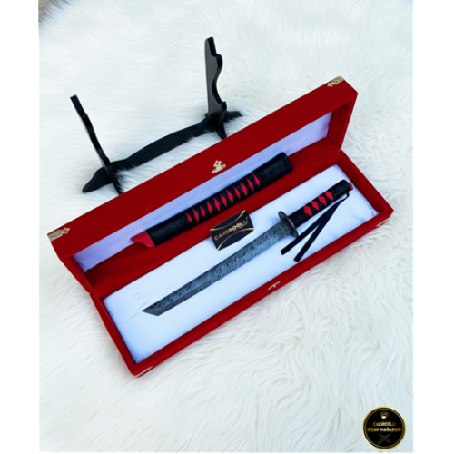 El Yapımı Üst Düzey Vip Özel Üretim Kutulu Damascus Çelik Deri Kın’lı 45 Cm Katana Kod:ckr587-08 - Çakıroğlu