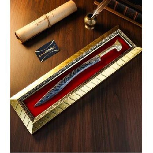 El Yapımı Premium Üst Düzey Gold Serisi Mıknatıslı Tablolu Damascus Çelik Yatağan Palası Kod:ckr653 - Çakıroğlu