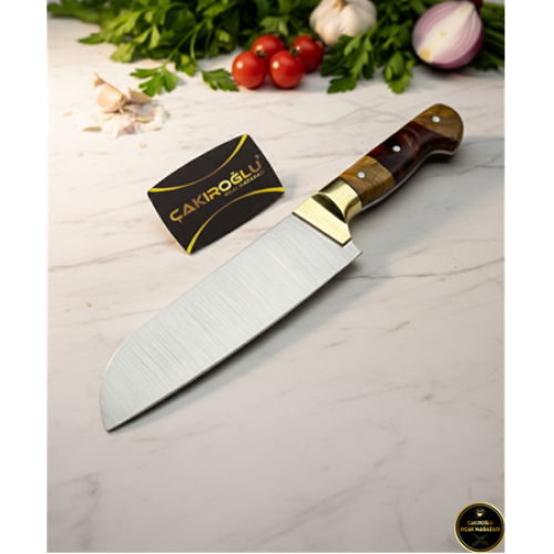 El Yapımı Yerli Üretim Pirinç Balçaklı Epoksi Kabzeli Profesyonel Santoku Şef Bıçağı Kod:ckr773-02 - Çakıroğlu